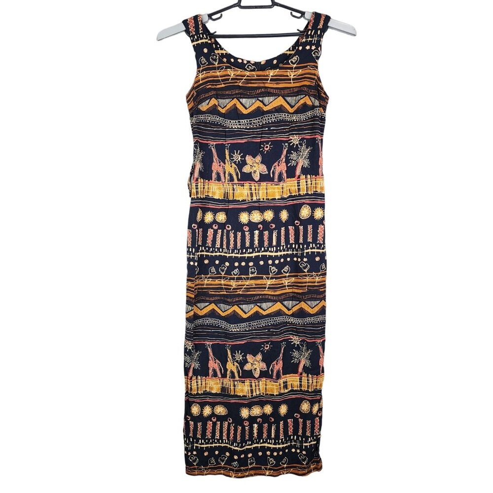 Womens Vintage Miss Scarlett Sleeveless Maxi Dress Orange Black Ethnic Print 10